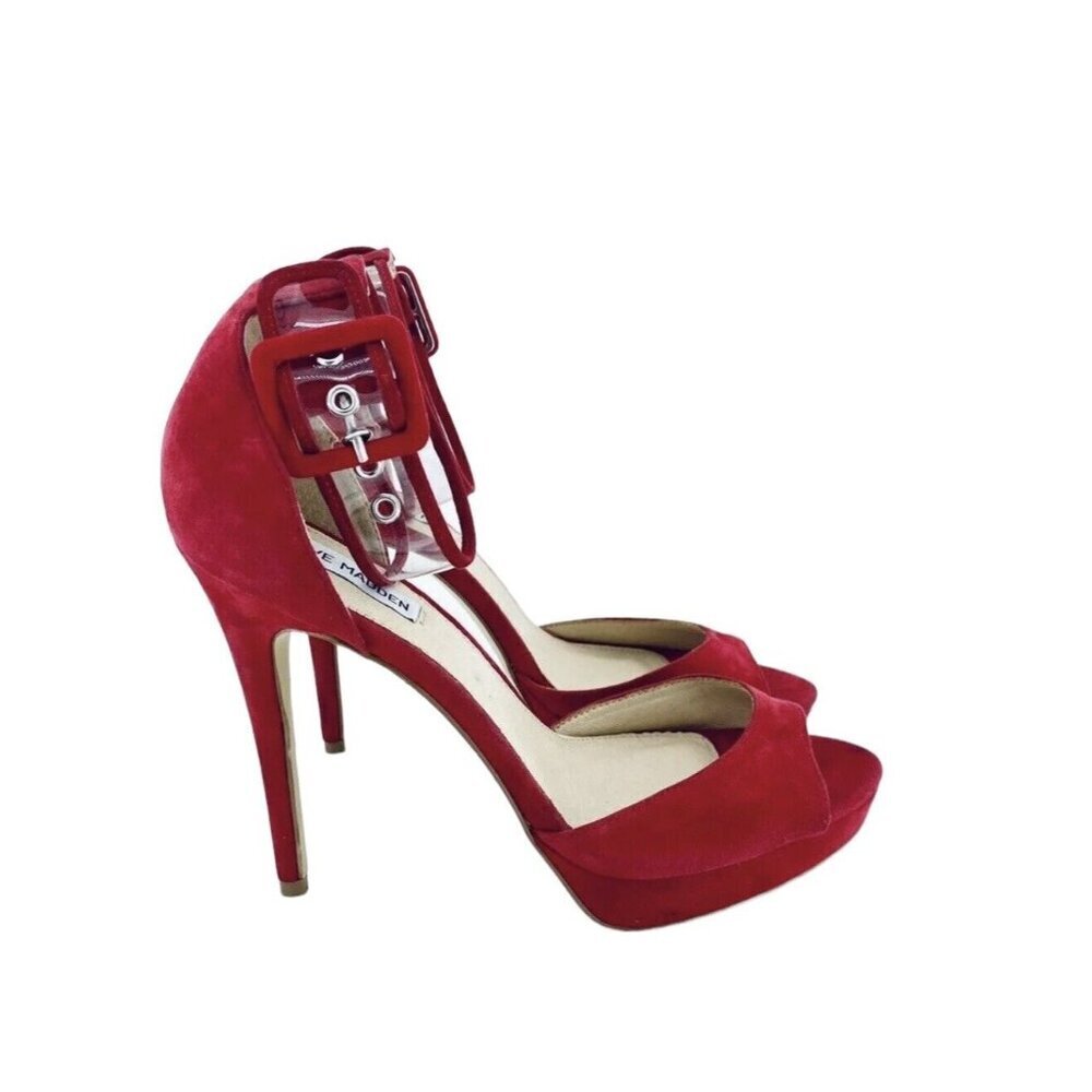 Steve Madden Red Shoes Suede Leather Platform Pump Ankle Strap Sz 9 New - Picture 12 of 12